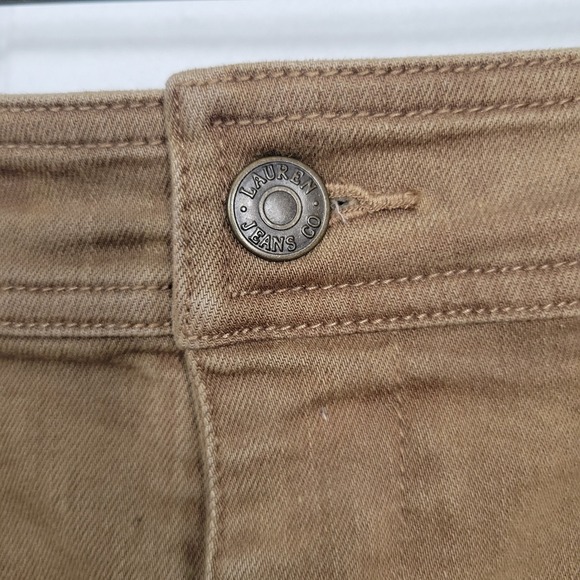 Lauren Jeans Co Ralph Lauren Tan Denim Skirt Leather Trim Pockets Size 12 - Picture 3 of 12